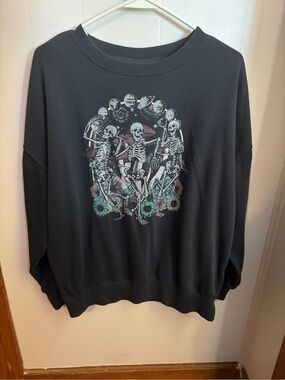 Dark Gray Crewneck Sweatshirt with Dancing Skeleton Graphic